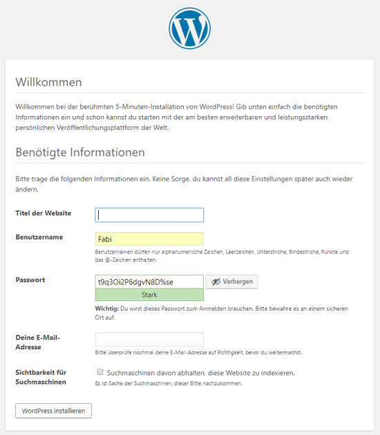 Wordpress Installationsdaten