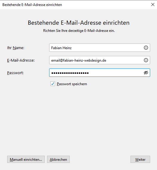 Eingabe E-Mail-Daten in Thunderbird