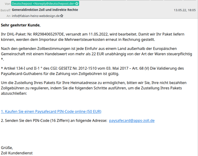Spammail der angeblichen deutschen Post